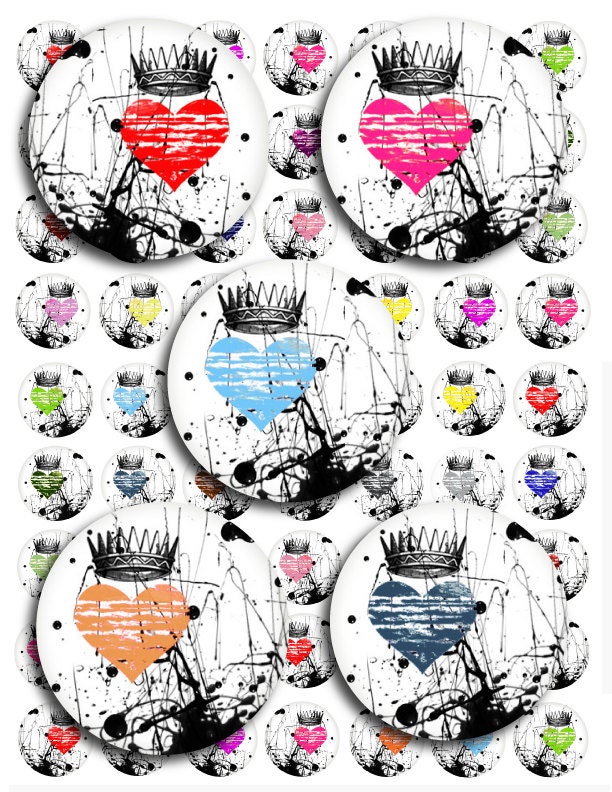 1 Inch Circle Colorful Grunge Hearts with Crowns Digital Collage Sheet