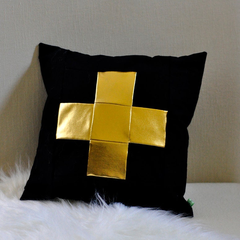 Gold Metallic and Black Plus Sign Pillow 14x14