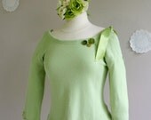 shoulder baring summer sweater tee in mint green reconstructed eco friendly clothing