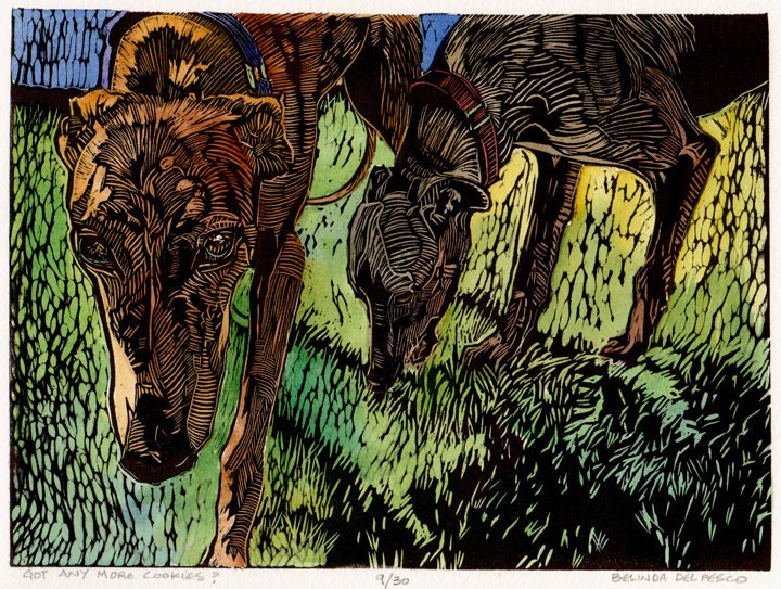 Original Framed Linocut Painted with Watercolor Greyhounds Dogs Got Any More Cookies DelPesco