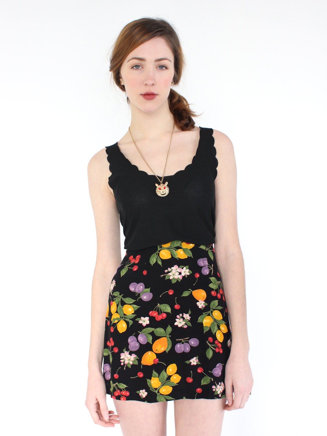 90's fruit print skirt / novelty print rayon skirt / berry lemon floral mini skirt