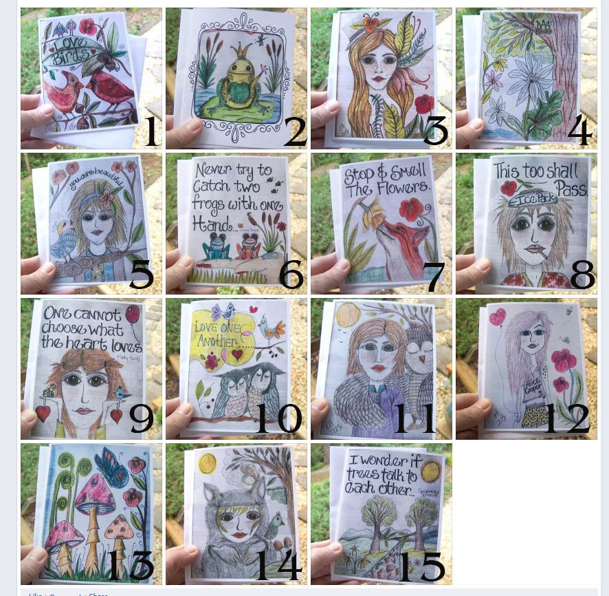 Nature Notecards - Pencil Drawing Girls Birds Trees Flowers Nature Lover Nature Note Card Illustration by Kathy Hardy Set of 4 cards