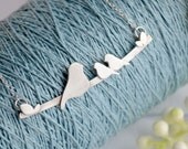 Nestling Bird Mother's Necklace with Momma & 2 Baby Birds - - BRIGHT WHITE FINISH