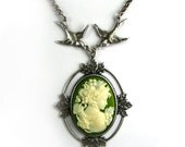 Dionysus's  Muse Cameo Necklace with Swallows in Green and Antiqued Silver by Nouveau Motley