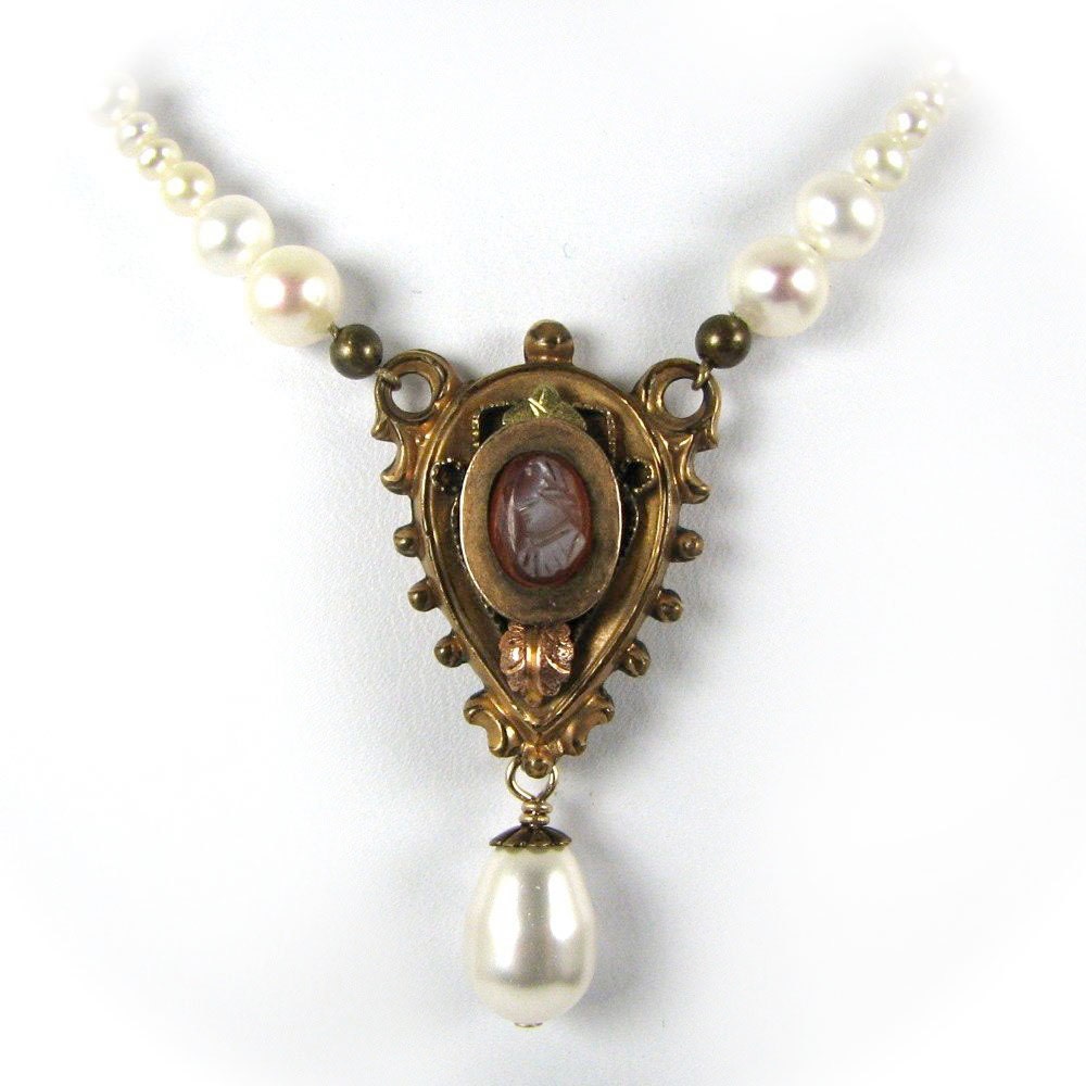 Upcycled Victorian Hardstone Cameo Necklace "The Young Victoria" Pearls Etruscan Revival ONE OF A KIND Altered Heirlooms by Nouveau Motley