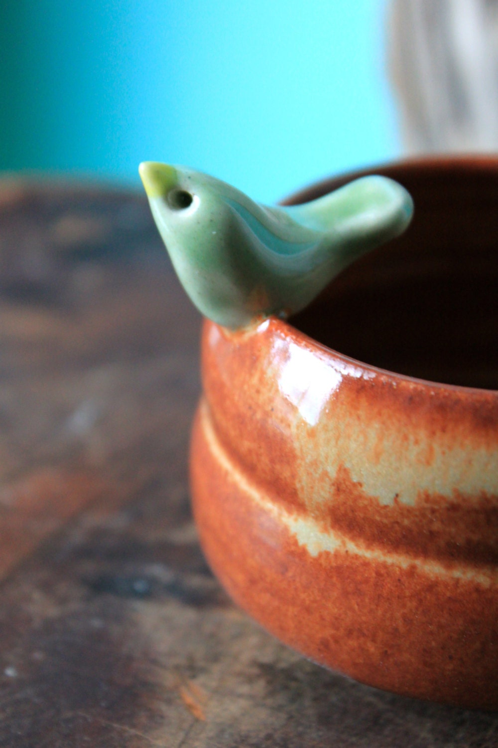 Sweet Celadon Bird on a Small Shino Bowl
