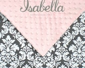 Gray and Pink Baby Girl Blanket , Personalized Baby Girl Blanket , Damask and Minky Dot Baby Blanket - You Design