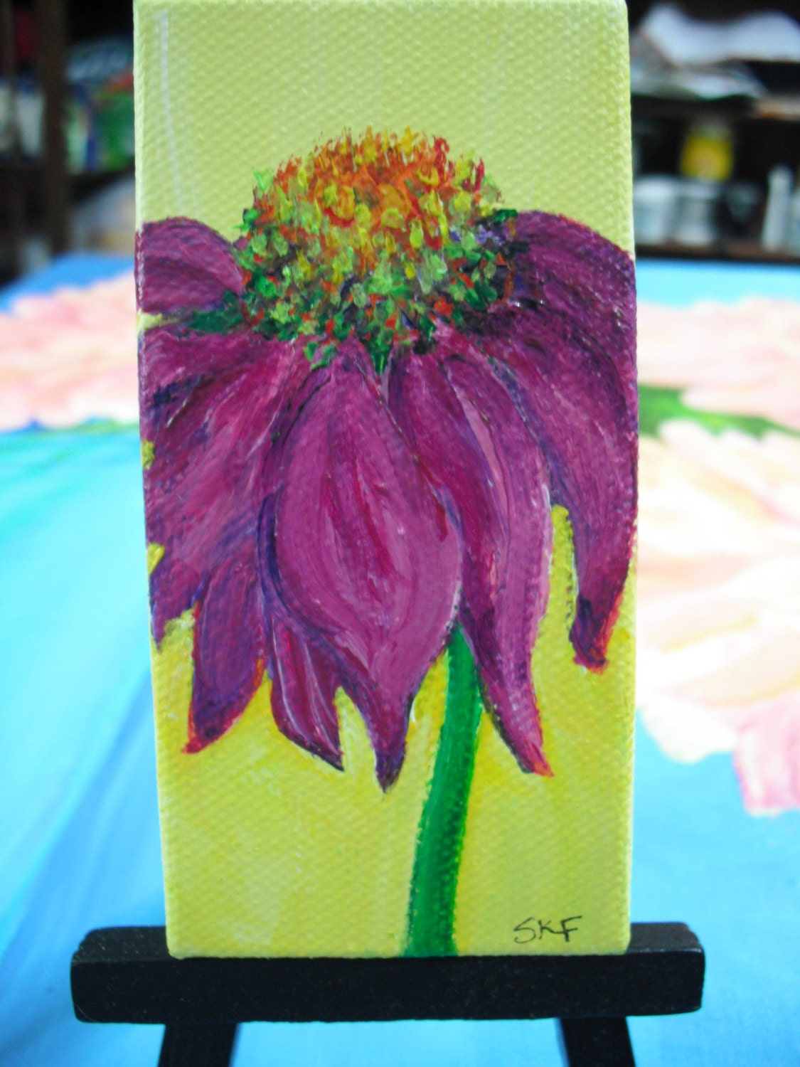 Echinacea - Purple Coneflower Original Painting on Mini Canvas with Easel