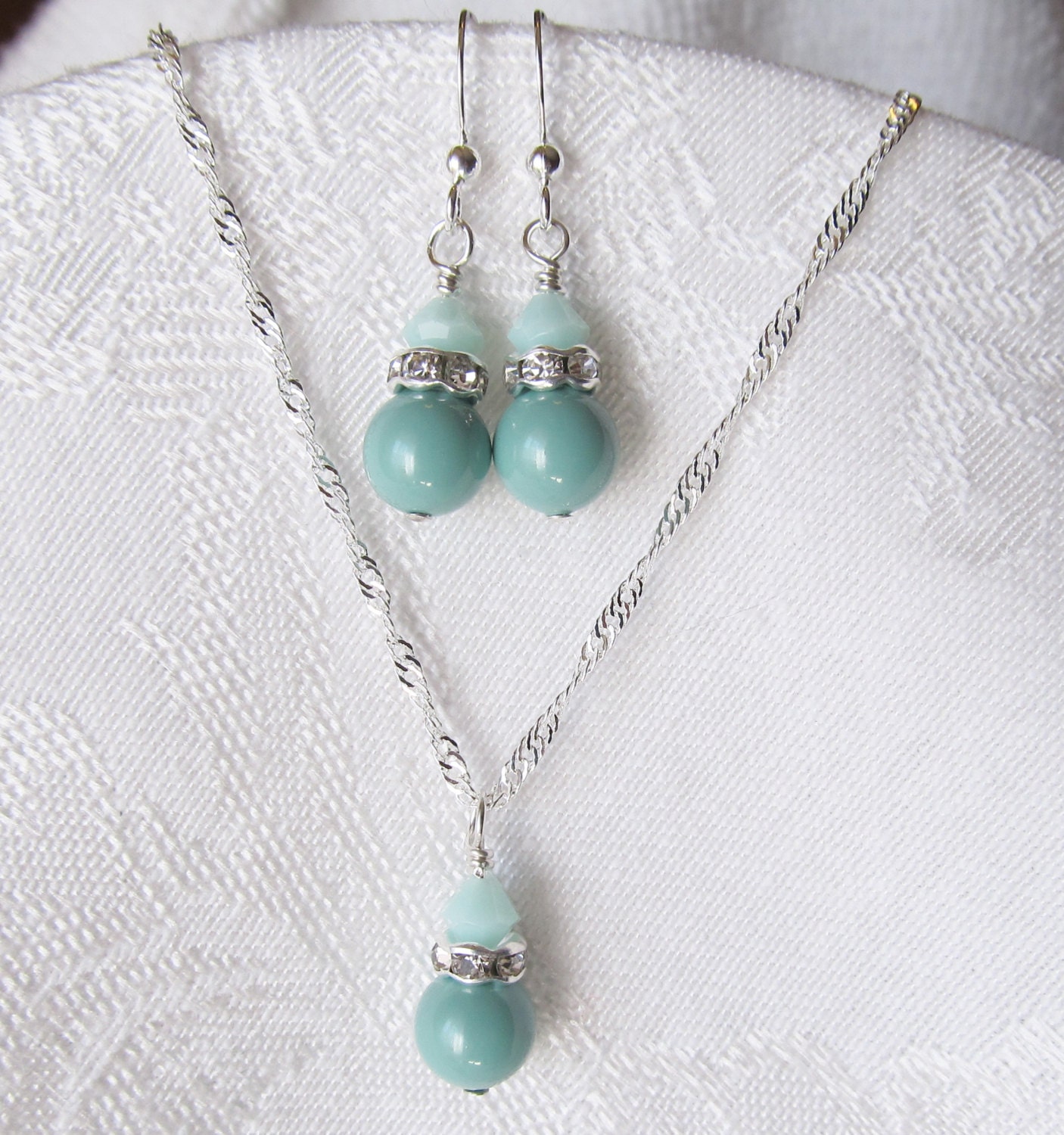Summer Jade Necklace and Earrings Set with Swarovski Crystals and Pearls in Silver