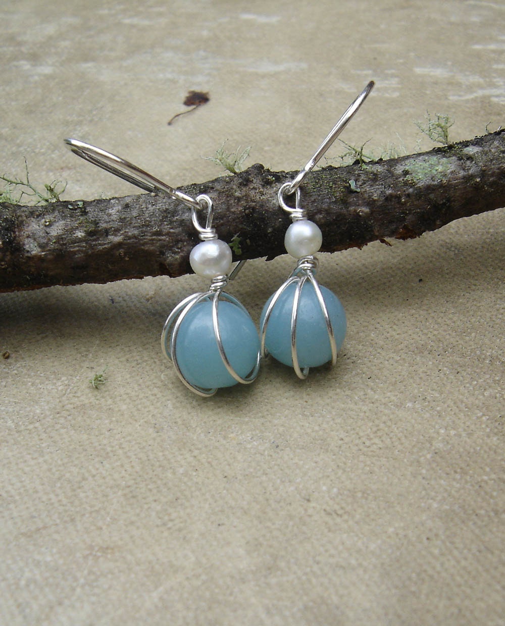 Small Amazonite and Fresh Water Pearl Earrings - Sterling Silver Wire Wrapped Beads Stone Earrings - Little Amazonite Jewelry