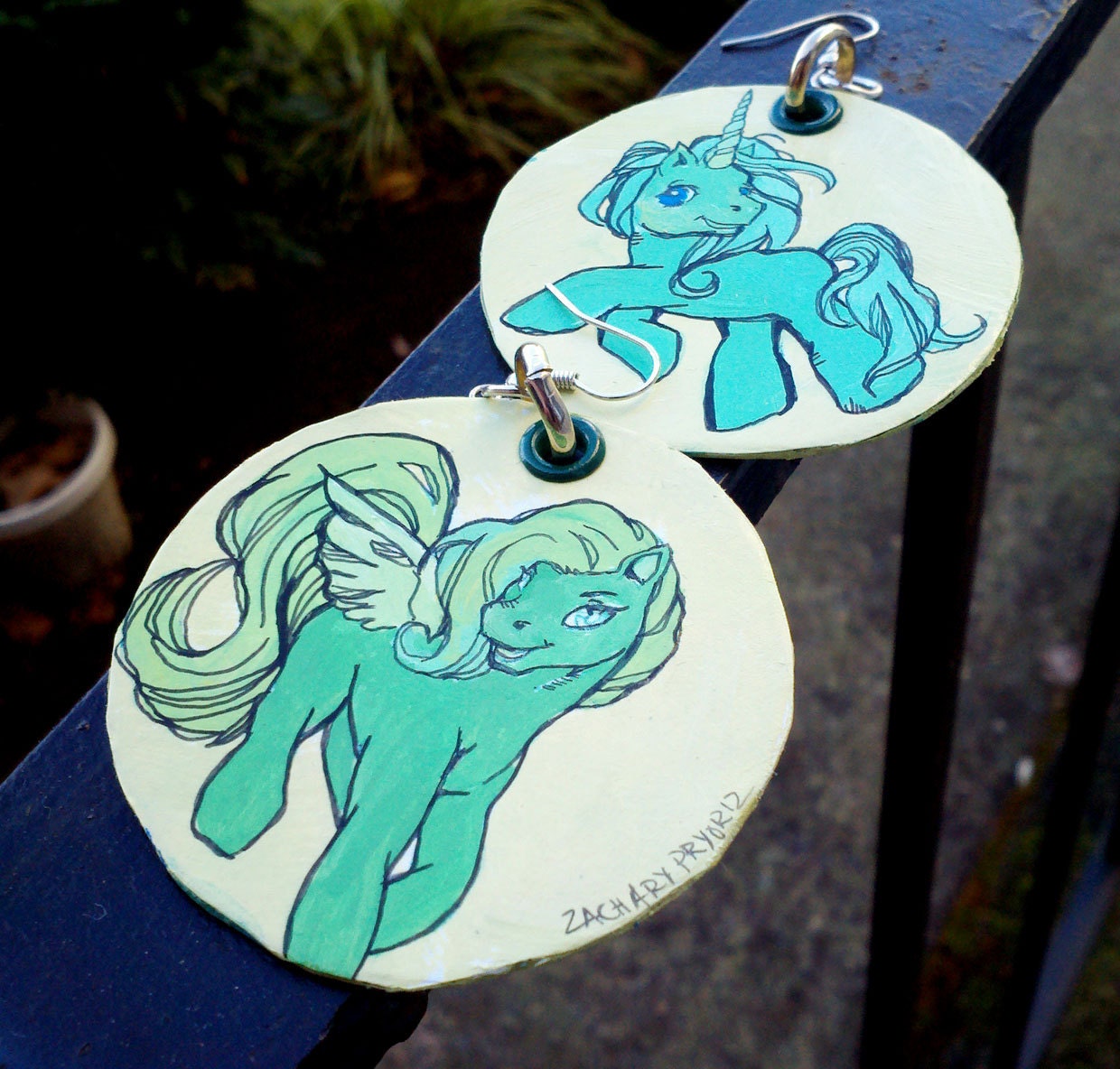 Chartreuse & Absinthe - Hand Painted Green My Little Pony Pegasus and Unicorn earrings