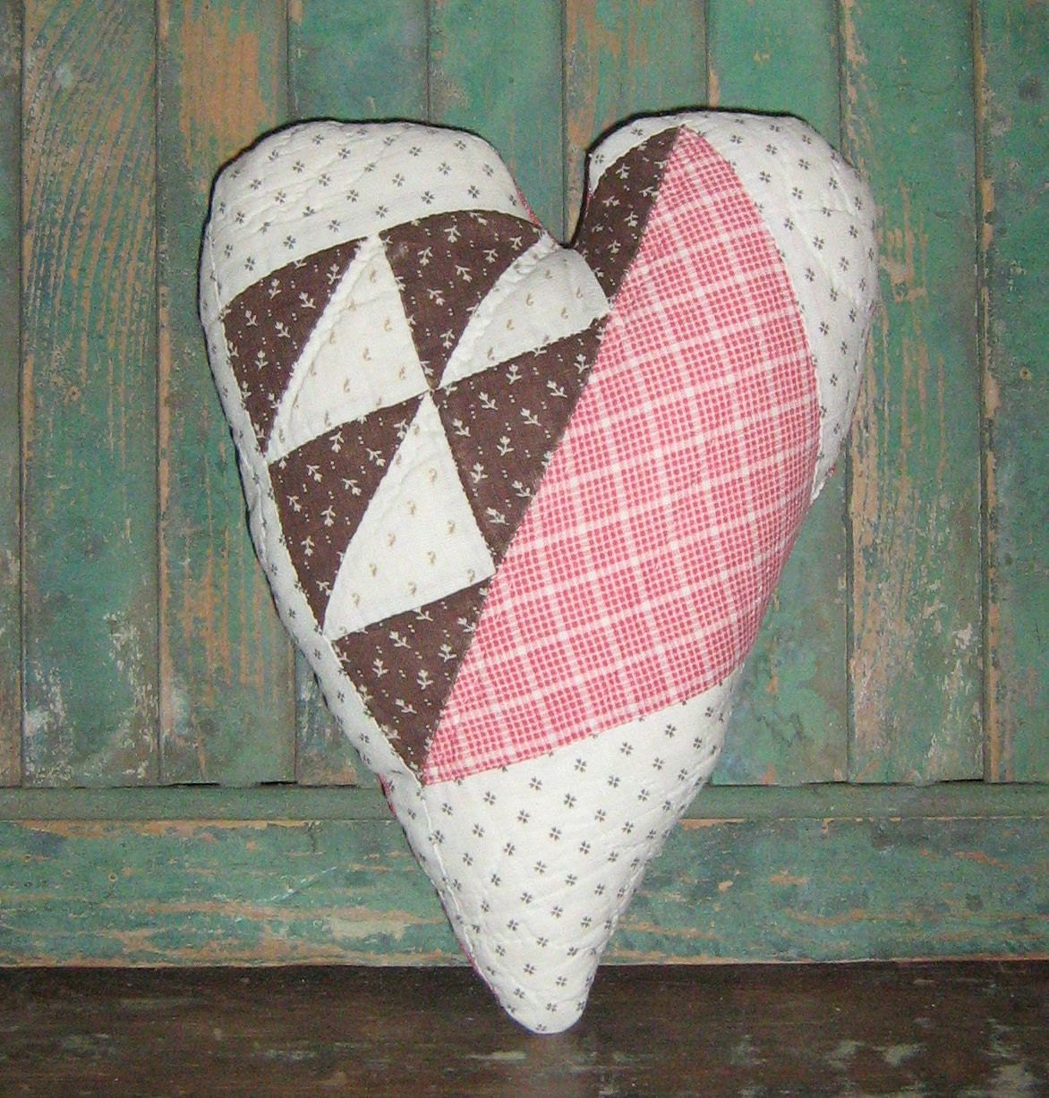 Primitive Heart Pillow - antique quilt - double pink & brown - shelf sitter - tuck - shabby and chic