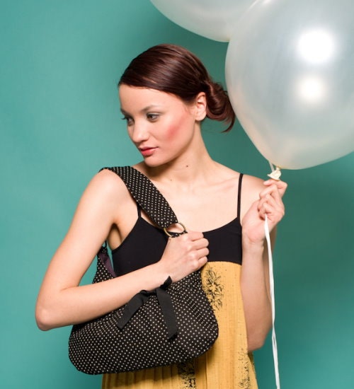 LOU  small  tote bag- Black polka dot fabric - Adjustable strap  - Zipper closure - Handbag for women Handmade