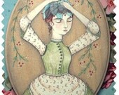 Original Green Flower Fairy, Faerie Victorian Portrait Painting, MarmeeCraft  Mixed Media on Wood