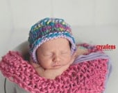 OOAK Bright Bonnet handspun wool lilac pink blue yellow newborn girl photography prop