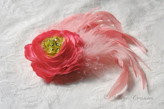 Coral Floral Feather Headpiece, Bridal Hair Flower, Wedding Accessories - Bridal Hair Feather Flower Head Piece - CLEARANCE