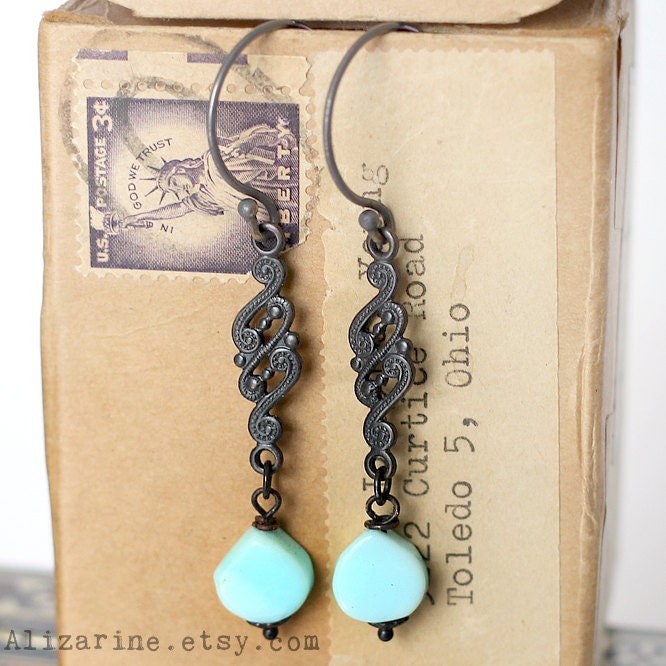 Peruvian Opal and black brass filigree earrings