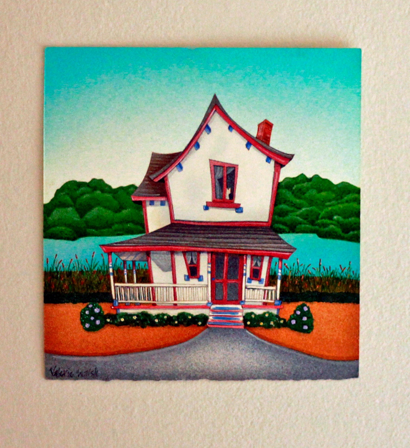 FRAMED ORIGINAL Painting Camptown Cottage by Valerie Walsh handmade stone henge paper