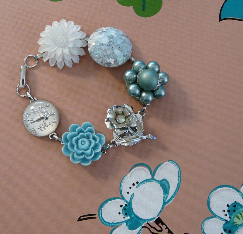 SALE may bracelet - vintage flowers, earrings, rhinestones and pearls