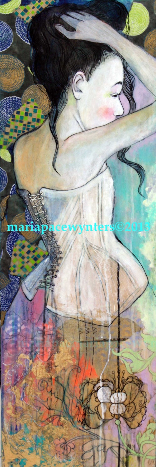 RESERVED FOR MARIONGirl With Corset- Original mixed media painting by Maria Pace-Wynters