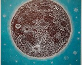 THE MOON Woodcut Print, Woodblock Print