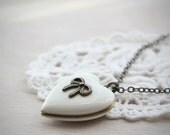 Antique White Heart Locket Sweet Ribbon Necklace. Locket Necklace. Gift for her, gift for bride, love keepsake