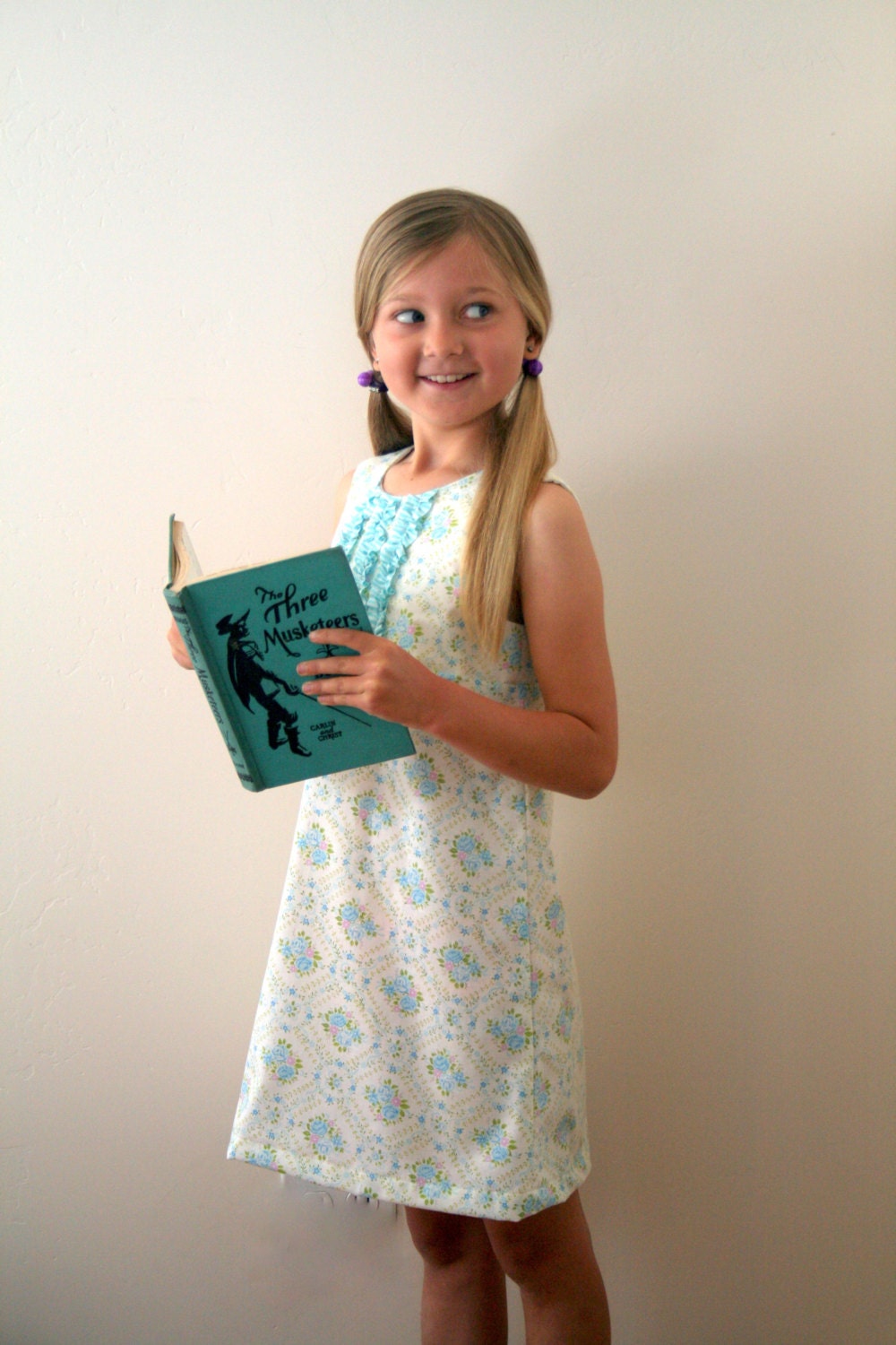 Retro Blue Floral A Line Dress, Up-Cycled, Eco-Friendly, Vintage Fabric, Girl Size 8