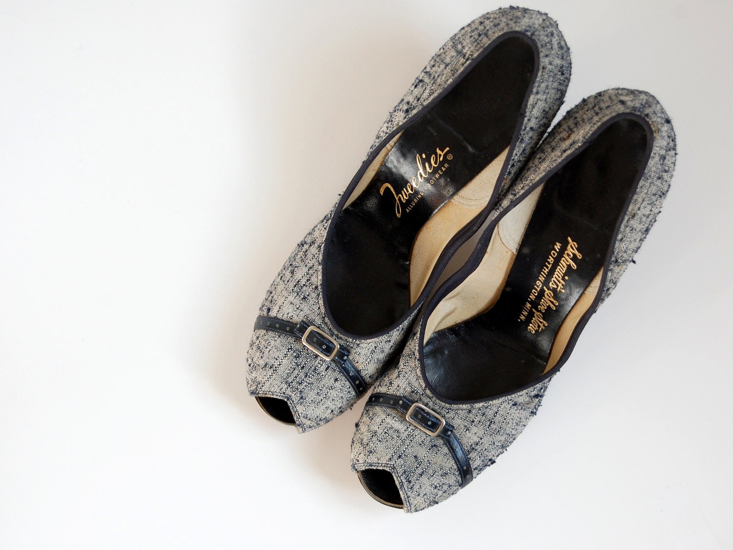 40s Peeptoe Pumps / Tweedies / Navy Blue Off White / Buckle detail / sz 6.5  7