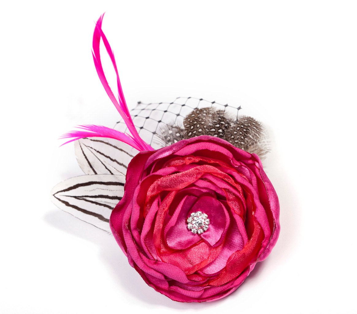 Feather Fascinator - Hot Pink Flower and Feather Fascinator