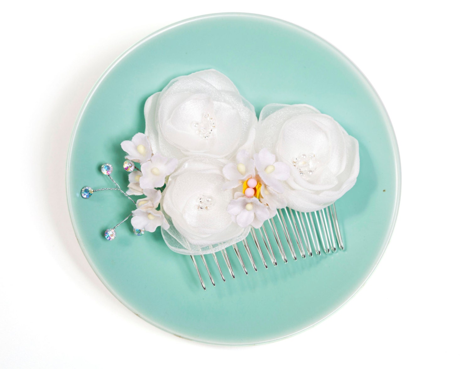 Rhinestone Wedding Hair Comb - White Flower Blossom Bridal Hair piece