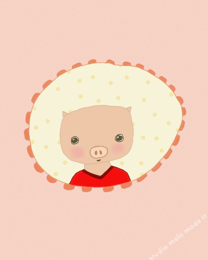 illustration print, drawing, animal illustration, kids art, nursery art print, cute, portrait, new baby, kids room - Piggy Portrait (pink)