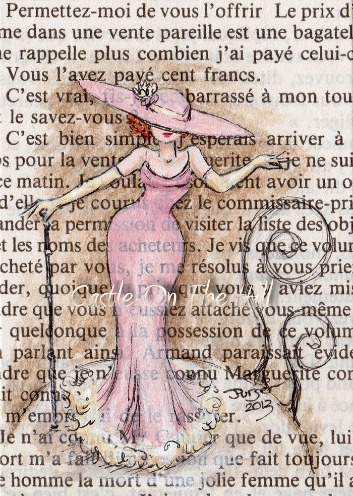 Paris, 1907 - The Arrival Of Ms Duval - Original ACEO painting on vintage book page