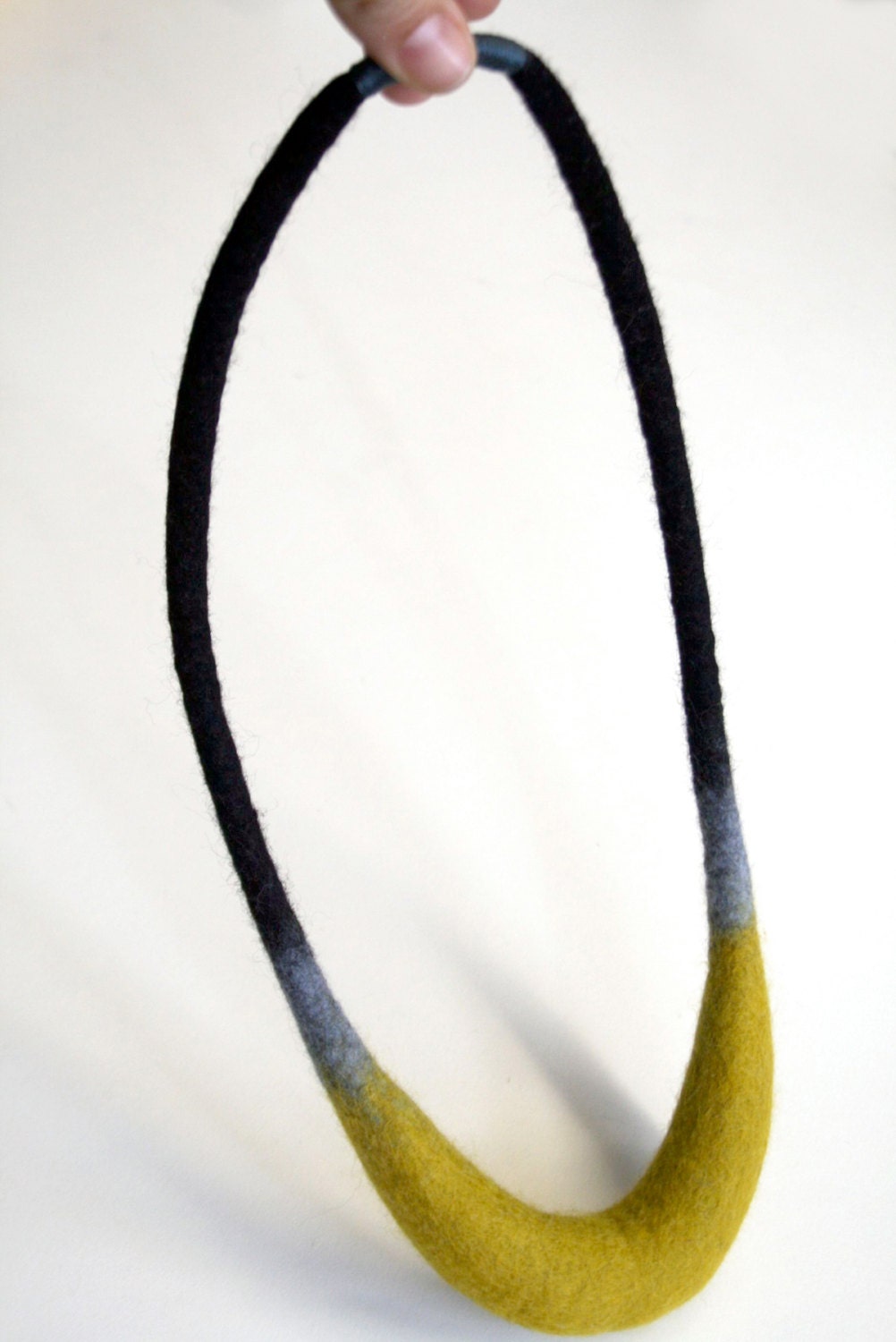 Crescent Necklace - Hand Felted Merino Wool - Mustard, Steel Blue and Black - One of a Kind - papaververt