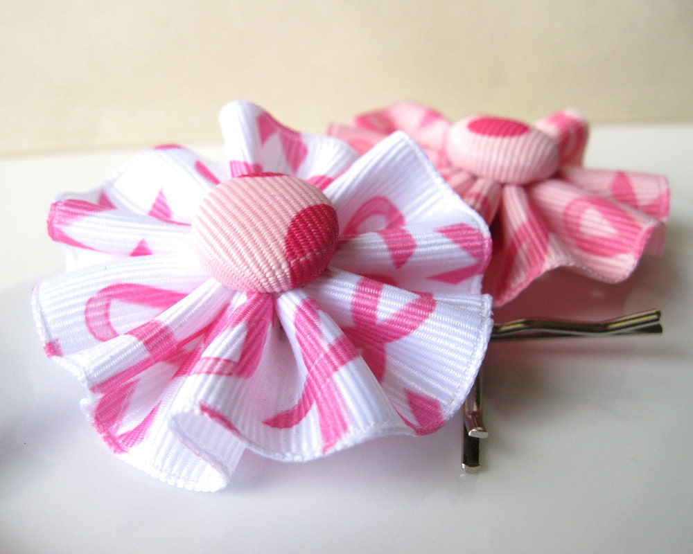 Pink ribbon Hair flower bobby pins Breast cancer Awareness Pink ribbon