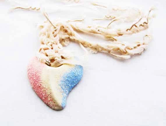 Ceramic Pendant Necklace Heart Necklace Shabby Crocheted