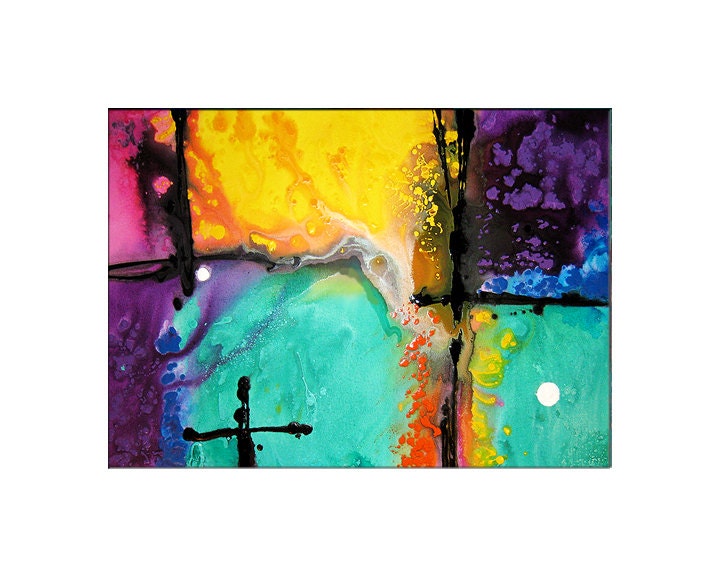 Hope Colorful Abstract Art Yellow Aqua Inspirational Print From Original Painting Cummings Collectible Mini Matted Artwork 5x7 Purple Pink