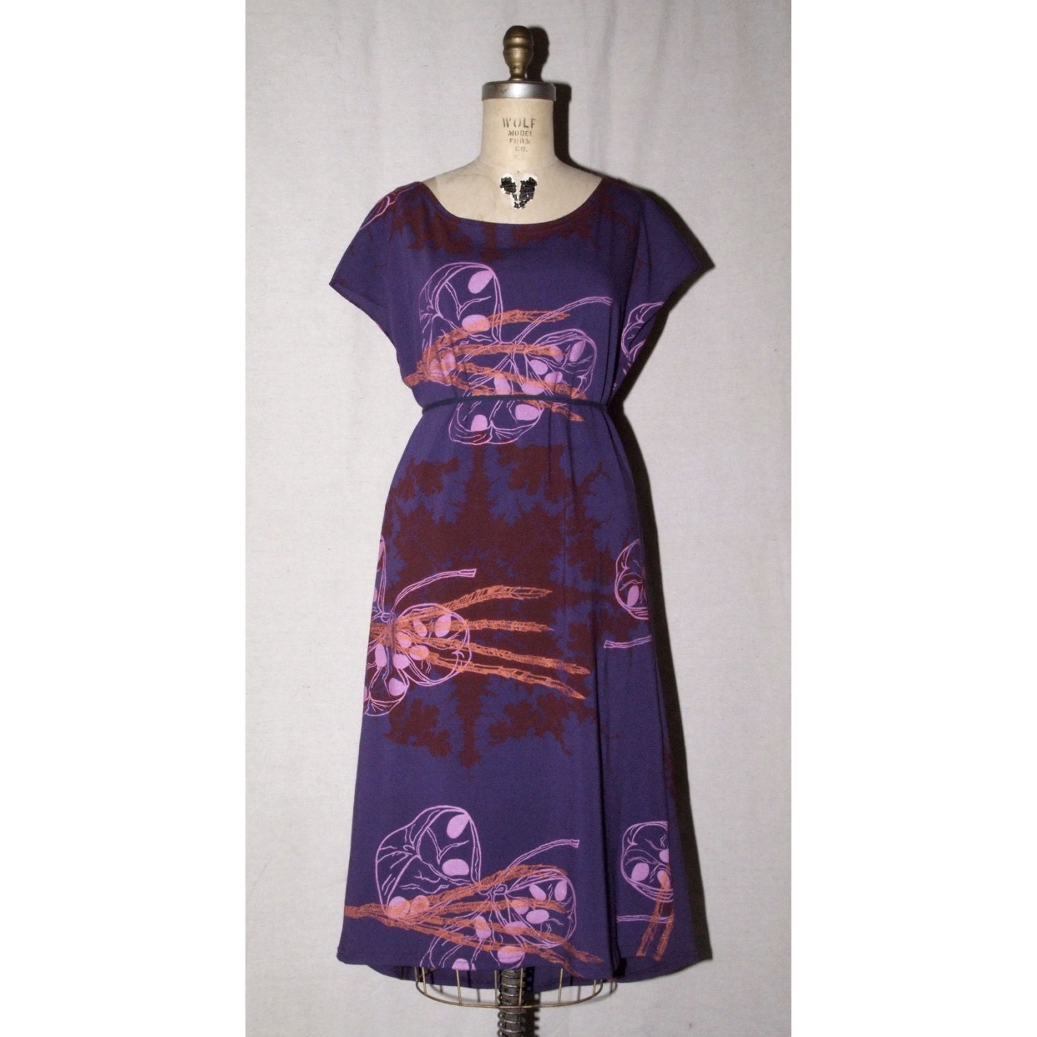 Plum purple Long Cotton Jersey T Dress Scoop Neck red, metallic bronze, pink print