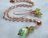 Bright Copper Spring Green Necklace, Rainbow Glass Teardrop Pendant with Nugget Dangle Earrings... Jewelry Set