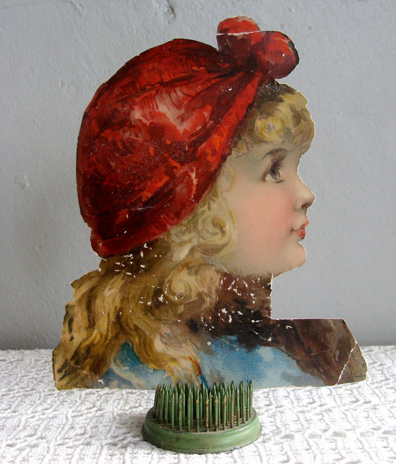 Festive Shabby Chic Red Hat Wearing Blonde Hair Lady Girl Woman Delicate features Paper Ephemera Art Journal Scrapbook Supply Collectible