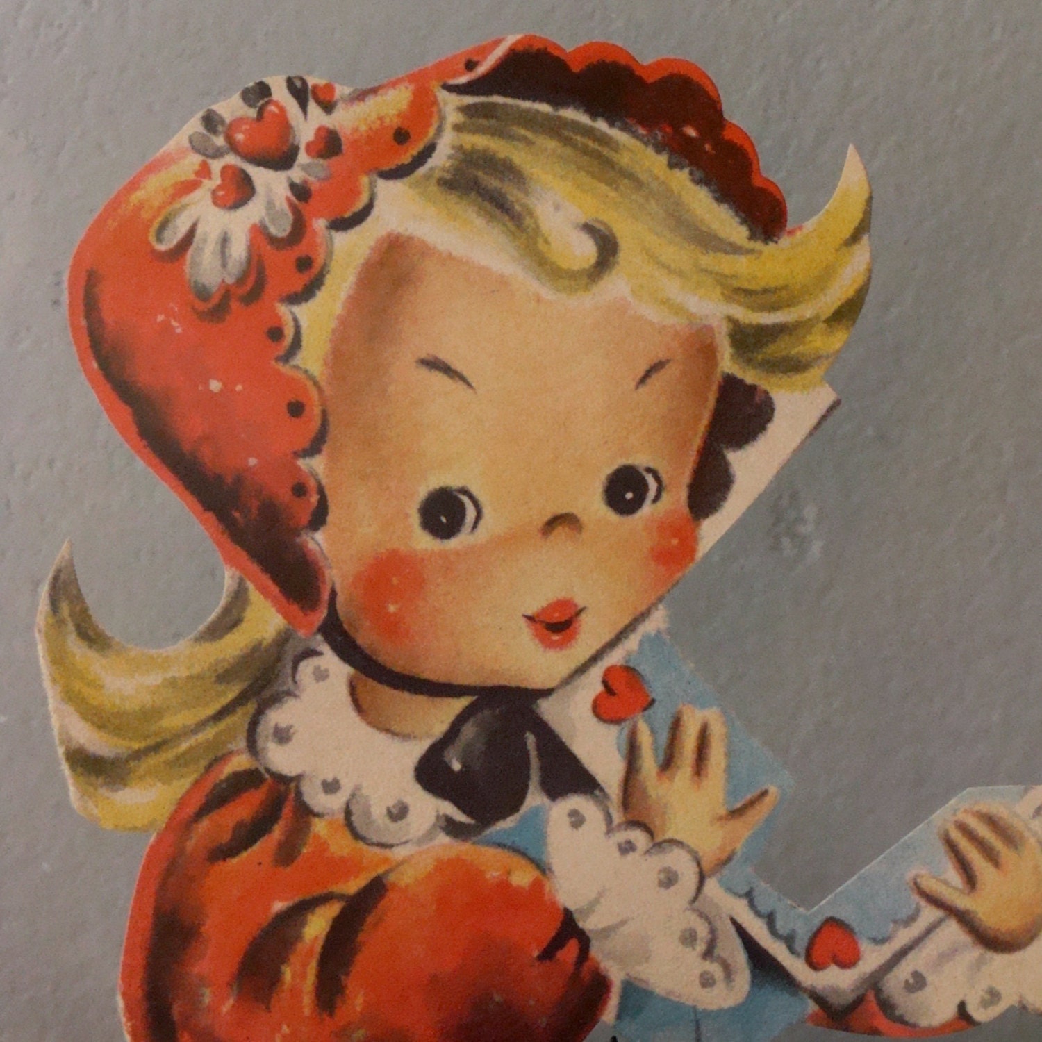 Paper Ephemera Blonde Girl Red Bonnet Heart Letters Valentine Card Sweet Retro