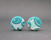 Swirls. Teal earrings. Tiffany blue. Post earrings. Studs. Earring posts. Polymer clay. Round flat. Teal. 15mm