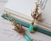 Golden Lotus Earrings - Ice Blue and Jade Green - Pastel Floral Earrings