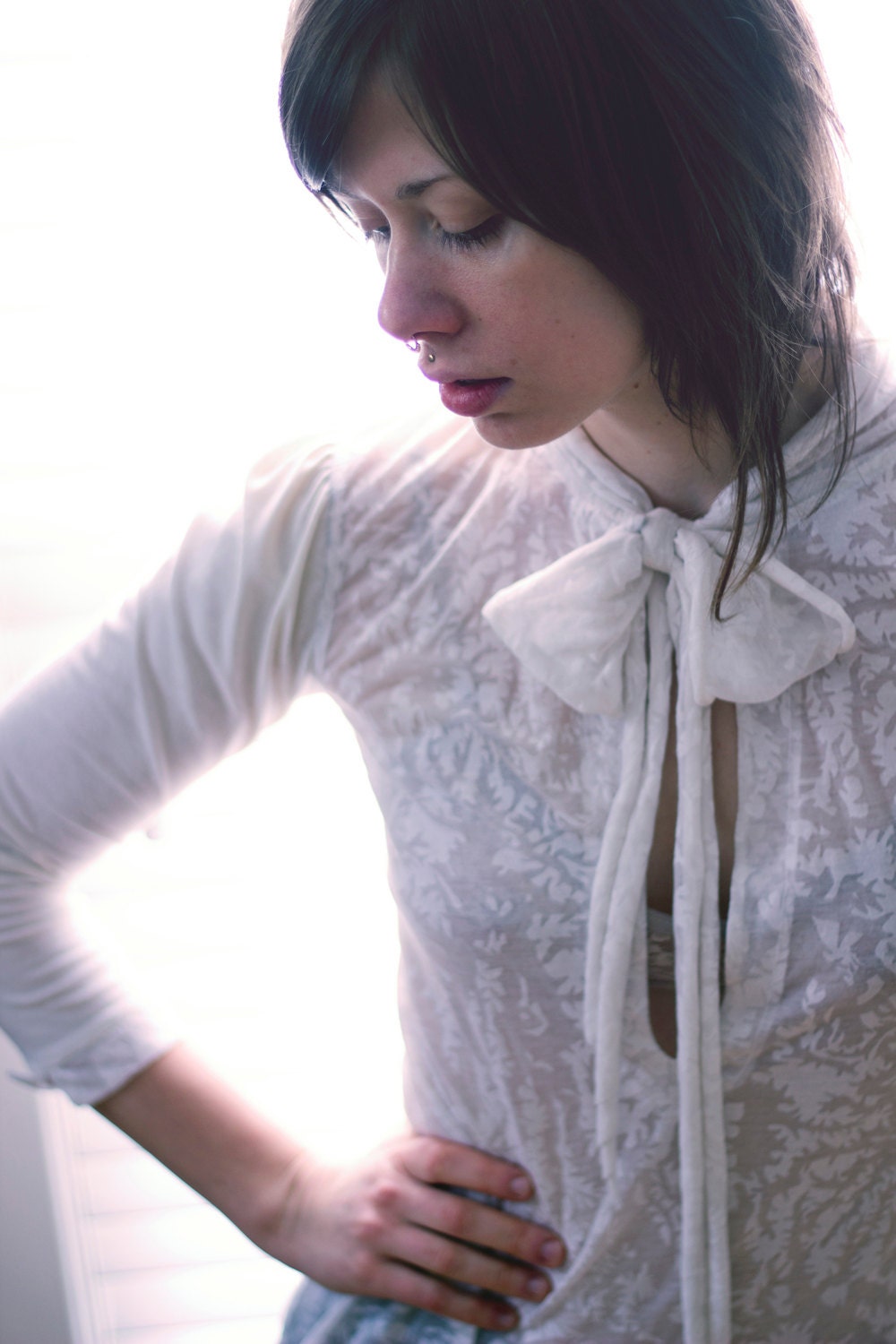 RIVEN-Sheer Graphic Print Jersey Blouse w/ Sash Collar in Ivory