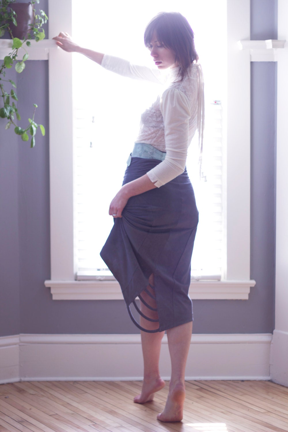 PARABOLA-Hand Dyed Organic Bamboo Jersey Skirt w/ Tiered Swallowtail Hem-Lilac Gray