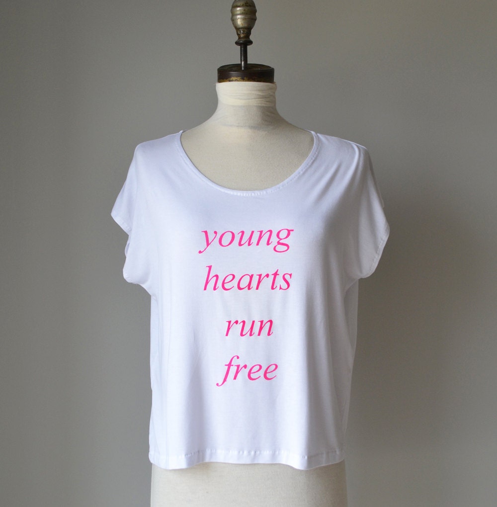 Young Hearts Run Free slouch t shirt, box tee - hand printed neon pink text on white rayon jersey