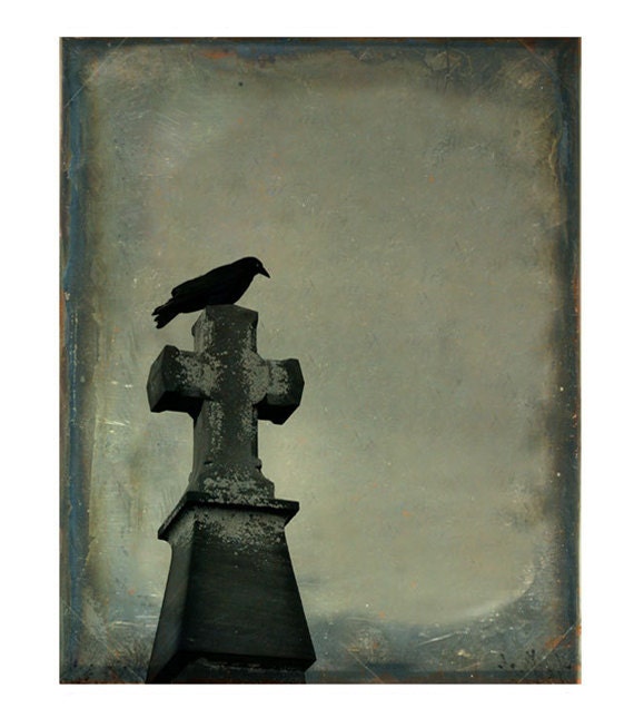 Crow On Cross, Gothic Home Decor, Gothic Crow, Raven Art, Surreal - Gray Day