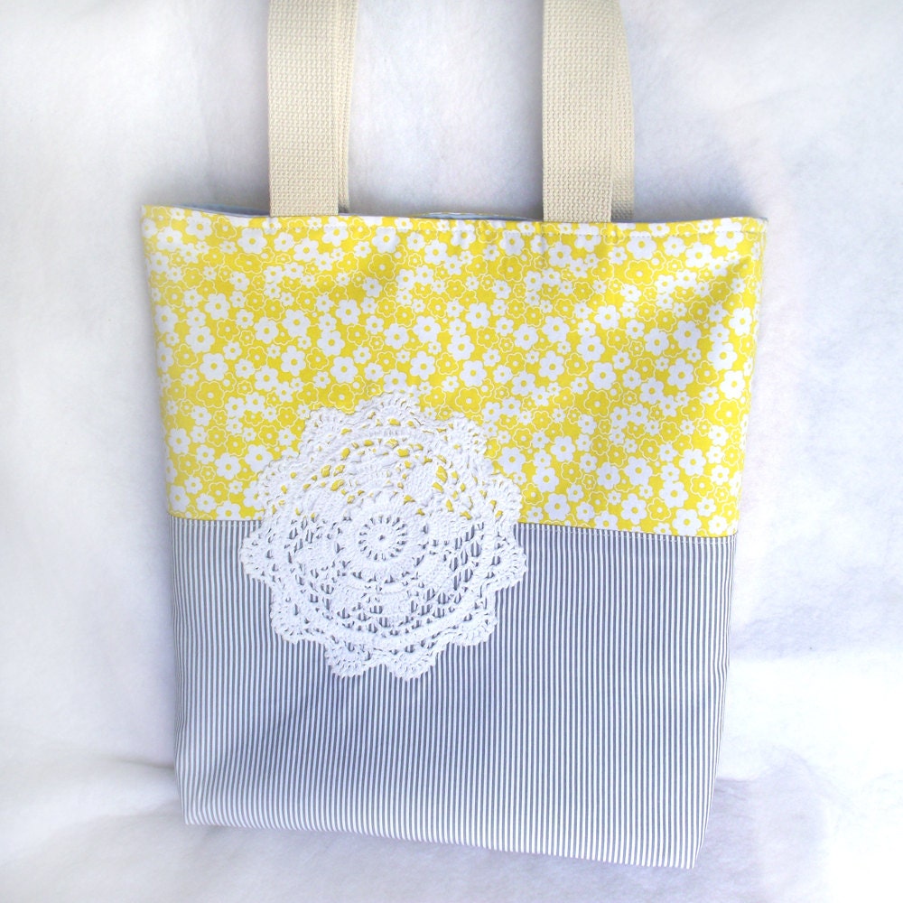 summer sunshine handmade eco tote from reclaimed fabrics, yellow flowers and striped cotton book bag, shopper, market bag