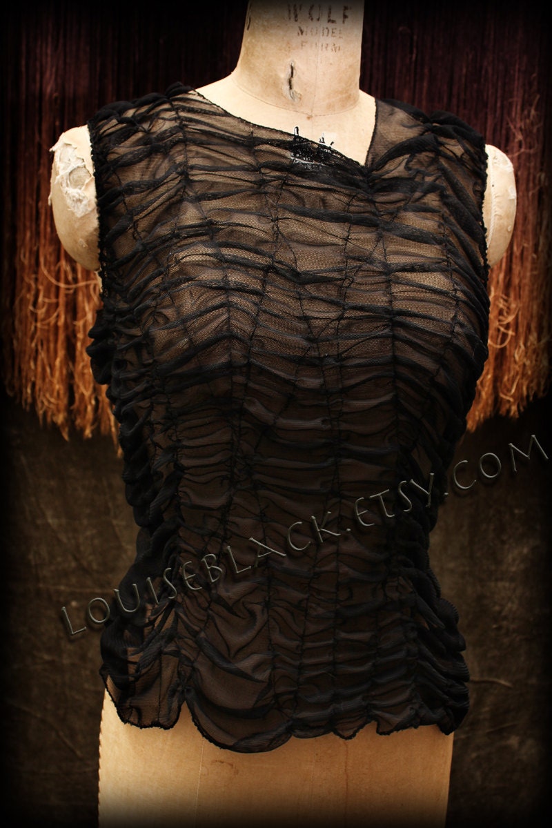 Risqué Ruched Industrial Asymmetrical Mesh Top by Louise Black