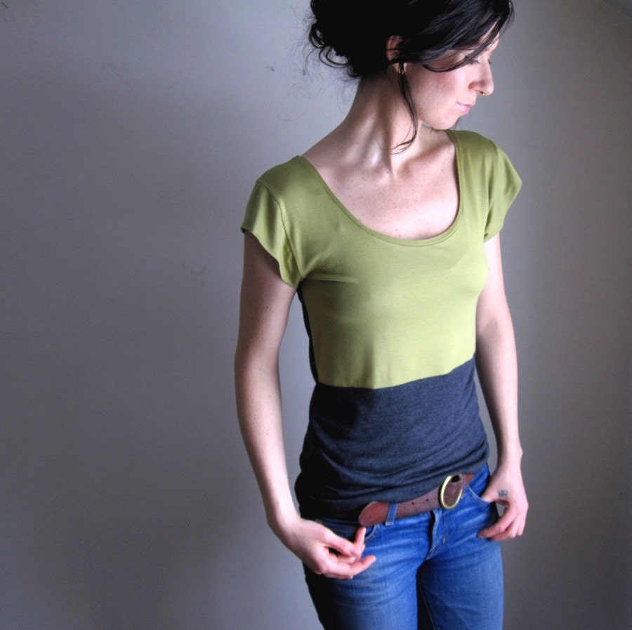 Pale Chartreuse and Charcoal Color Block Tee / Blouse / Spring / Tank / Cap Sleeve