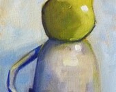 Still Life Fruit Painting, Green Pear and Cup, Original Kitchen Art, Kitchen Decor, Wall Decor, Small 5x7